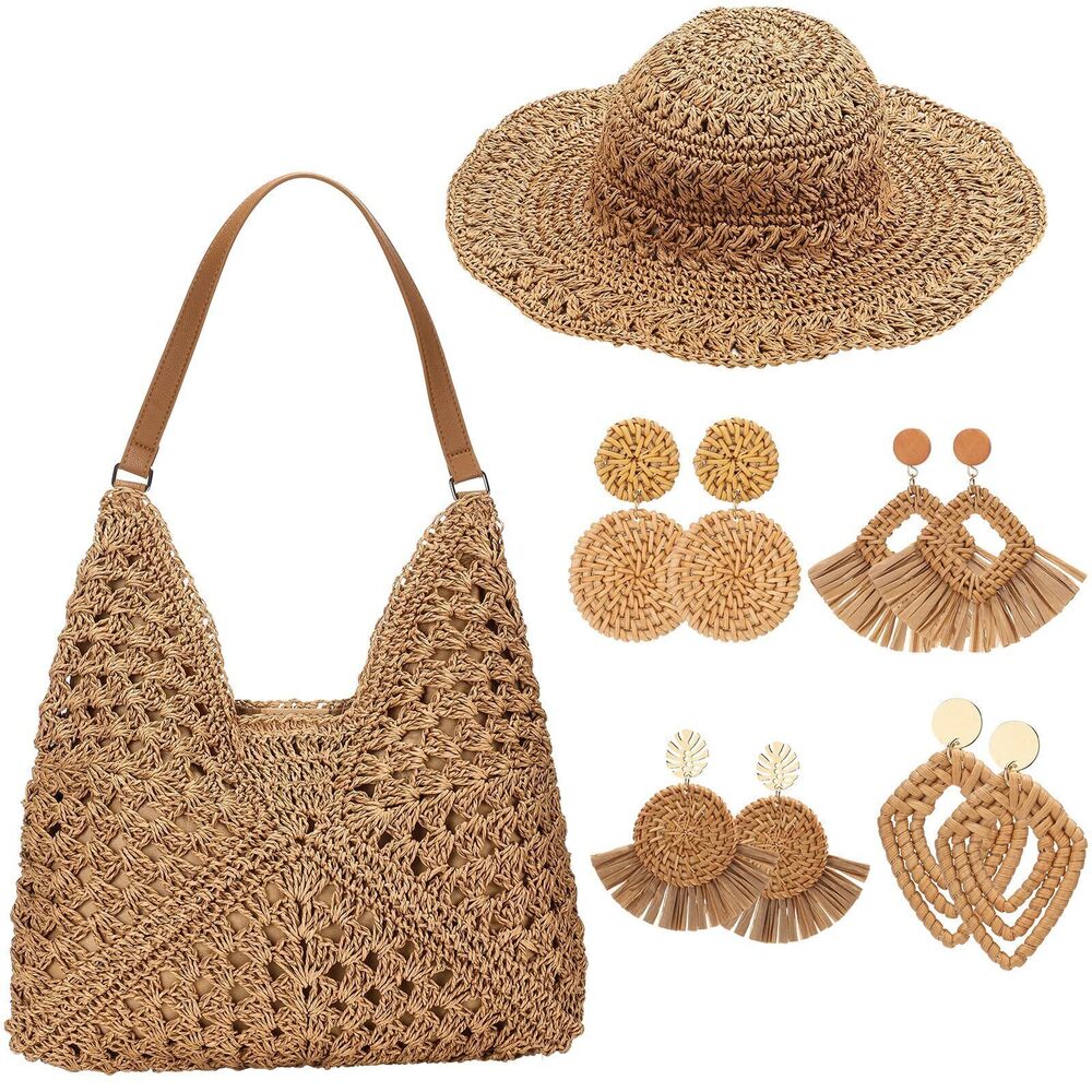 8974 6 Pcs Straw Beach Bag Set Included 1 Summer Beach Bag 1 Sun Cap 4 Pair